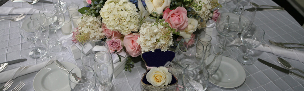 A full range of elegant glassware is available from Prestige Party Rental to add to the festive appearance of your table setting.